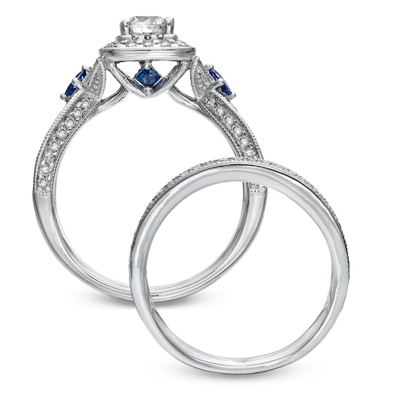 Previously Owned - Vera Wang Love Collection 1-1/5 CT. T.w. Diamond and Sapphire Frame Bridal Set in 14K White Gold