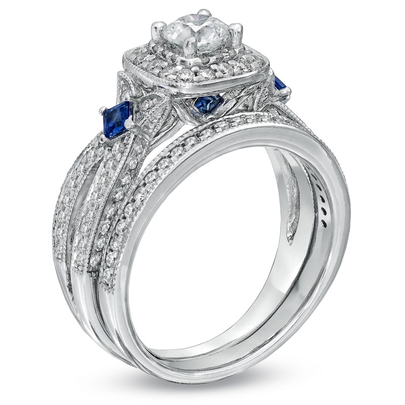 Main Image 3 of Previously Owned - Vera Wang Love Collection 1-1/5 CT. T.W. Diamond and Sapphire Frame Bridal Set in 14K White Gold