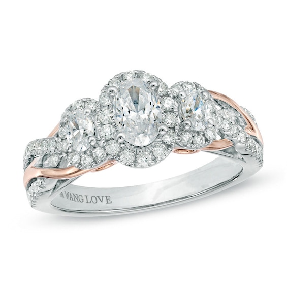Previously Owned - Vera Wang Love Collection 1 CT. T.w. Oval Diamond Three Stone Engagement Ring in 14K Two-Tone Gold