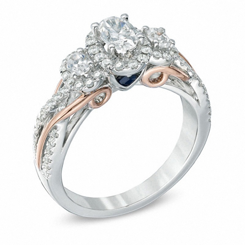 Previously Owned - Vera Wang Love Collection 1 CT. T.W. Oval Diamond Three Stone Engagement Ring in 14K Two-Tone Gold