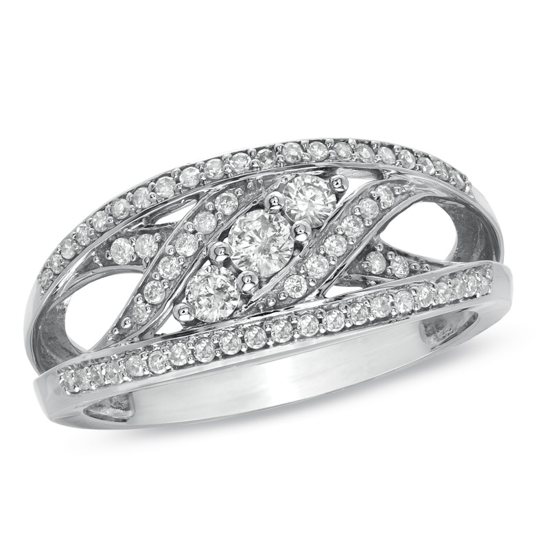 Main Image 1 of Previously Owned - 1/2 CT. T.W. Diamond Three Stone Slant Ring in 14K White Gold