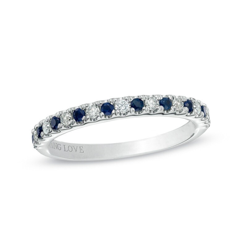 Main Image 1 of Previously Owned - Vera Wang Love Collection 1/8 CT. T.W. Diamond and Blue Sapphire Wedding Band in 14K White Gold