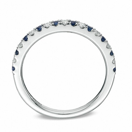 Previously Owned - Vera Wang Love Collection 1/8 CT. T.w. Diamond and Blue Sapphire Wedding Band in 14K White Gold