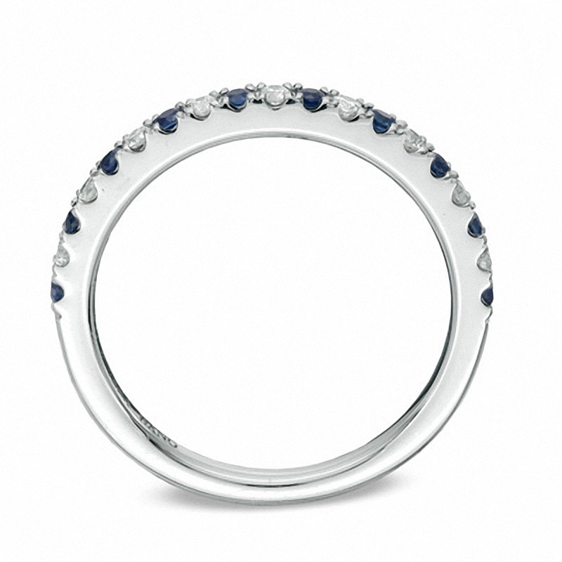 Main Image 3 of Previously Owned - Vera Wang Love Collection 1/8 CT. T.W. Diamond and Blue Sapphire Wedding Band in 14K White Gold