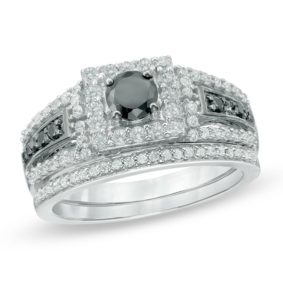 Previously Owned - 1 CT. T.w. Enhanced Black and White Diamond Square Frame Bridal Set in 10K White Gold