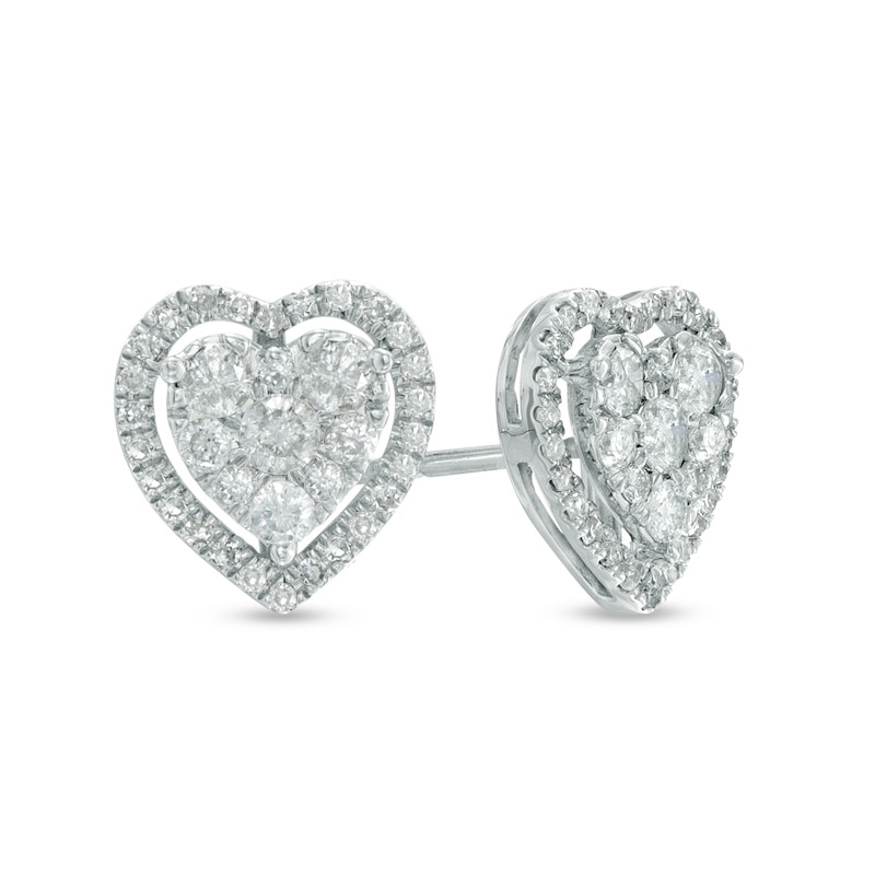 Main Image 1 of Previously Owned - 1/2 CT. T.W. Diamond Heart Cluster Stud Earrings in 10K White Gold