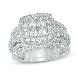Previously Owned - 2-3/4 CT. T.W. Quad Princess-Cut Diamond Frame Three Piece Bridal Set in 14K White Gold