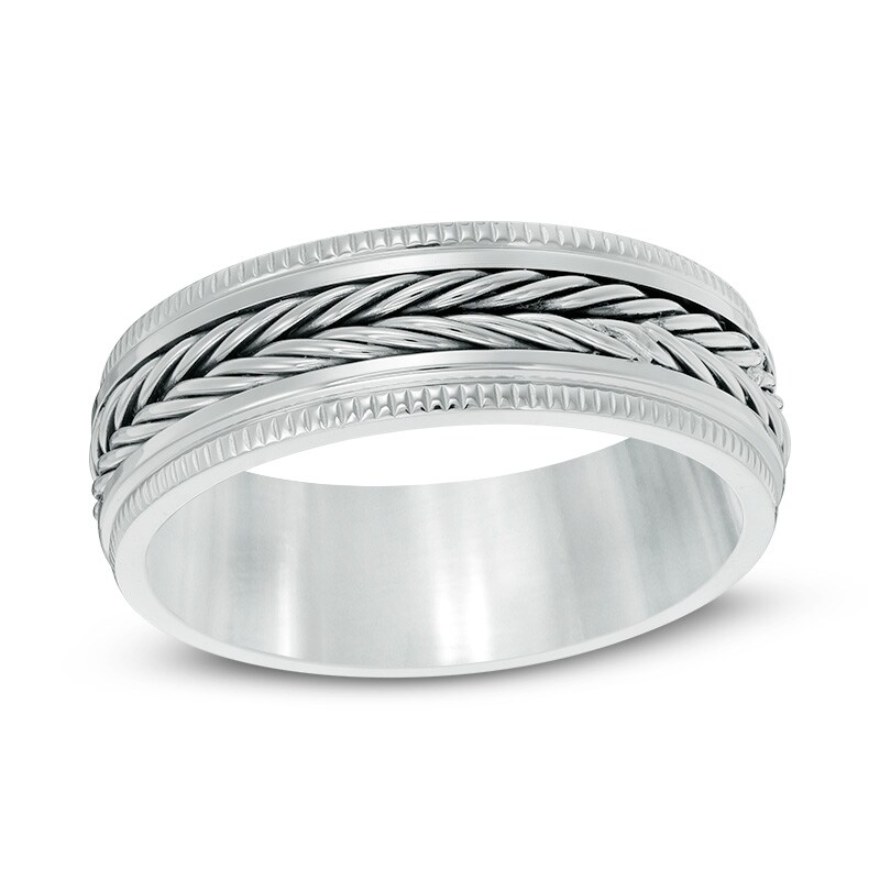 Main Image 1 of Previously Owned - 8.0mm Antique Braid center Milgrain-Edge Wedding Band in Stainless Steel