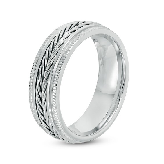 Previously Owned - 8.0mm Antique Braid center Milgrain-Edge Wedding Band in Stainless Steel