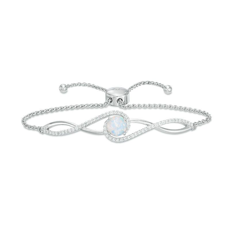 Main Image 1 of Previously Owned - 7.0mm Lab-Created Opal and White Sapphire Twisted Bypass Bolo Bracelet in Sterling Silver - 9.0"