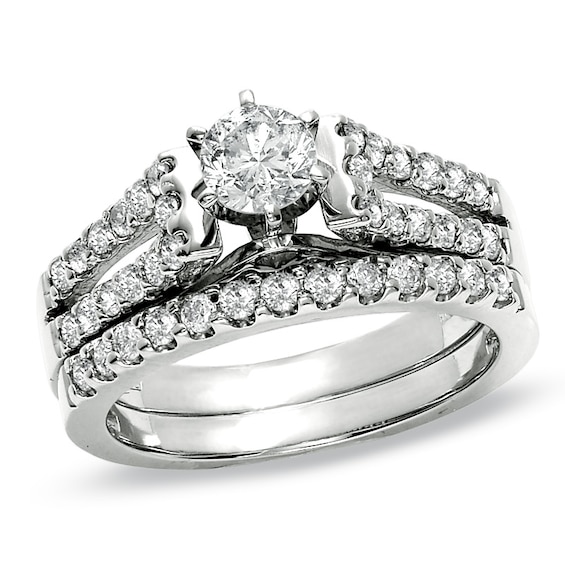 Previously Owned - 1-1/4 CT. T.w. Diamond Split Shank Bridal Set in 14K White Gold