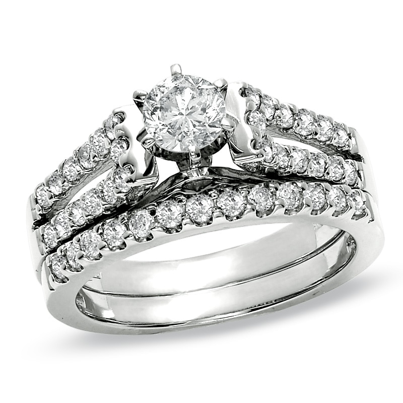 Main Image 1 of Previously Owned - 1-1/4 CT. T.W. Diamond Split Shank Bridal Set in 14K White Gold