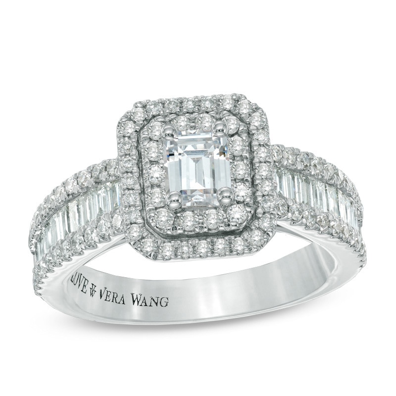Main Image 1 of Previously Owned - Vera Wang Love Collection 1-1/2 CT. T.W. Emerald-Cut Diamond Frame Engagement Ring in 14K White Gold