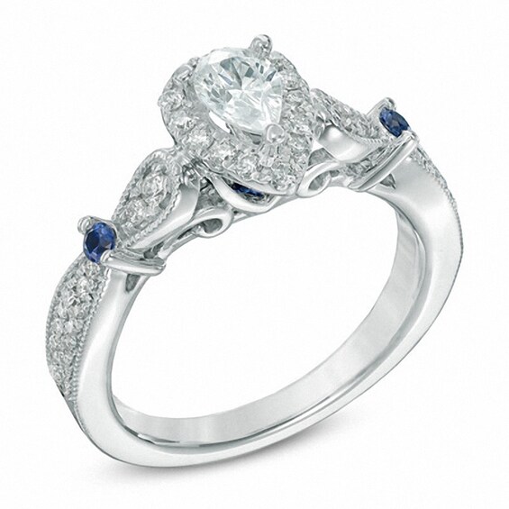 Previously Owned - Vera Wang Love Collection 5/8 CT. T.w. Pear-Shaped Diamond and Blue Sapphire Ring in 14K White Gold