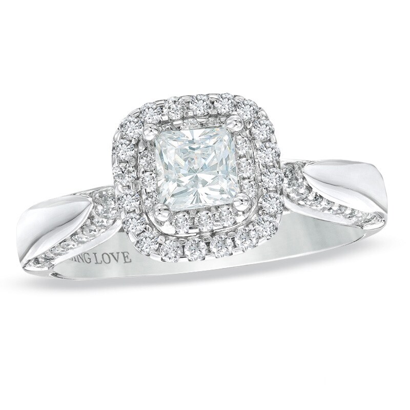 Main Image 1 of Previously Owned - Vera Wang Love Collection 7/8 CT. T.W. Princess-Cut Diamond Frame Engagement Ring in 14K White Gold