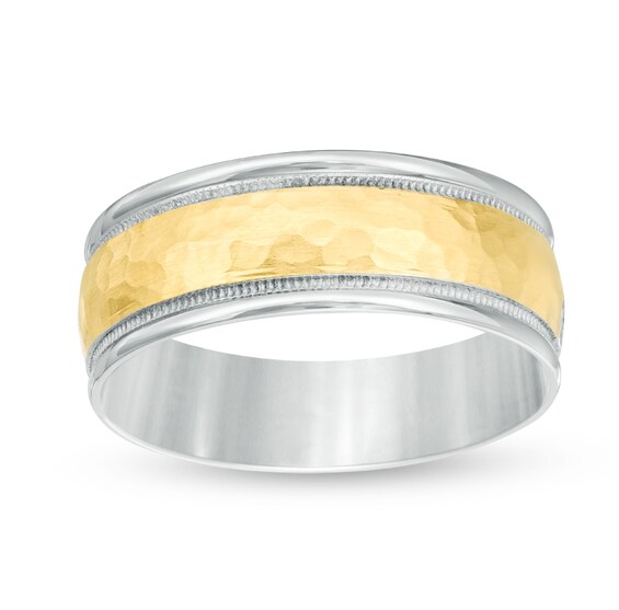 Previously Owned - Men's 8.0mm Hammered Milgrain Comfort-Fit Wedding Band in 14K Two-Tone Gold