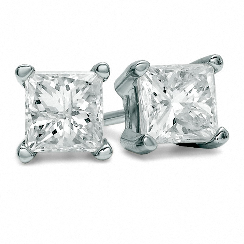 Main Image 1 of Previously Owned - 3/8 CT. T.W. Princess-Cut Diamond Solitaire Stud Earrings in 14K White Gold