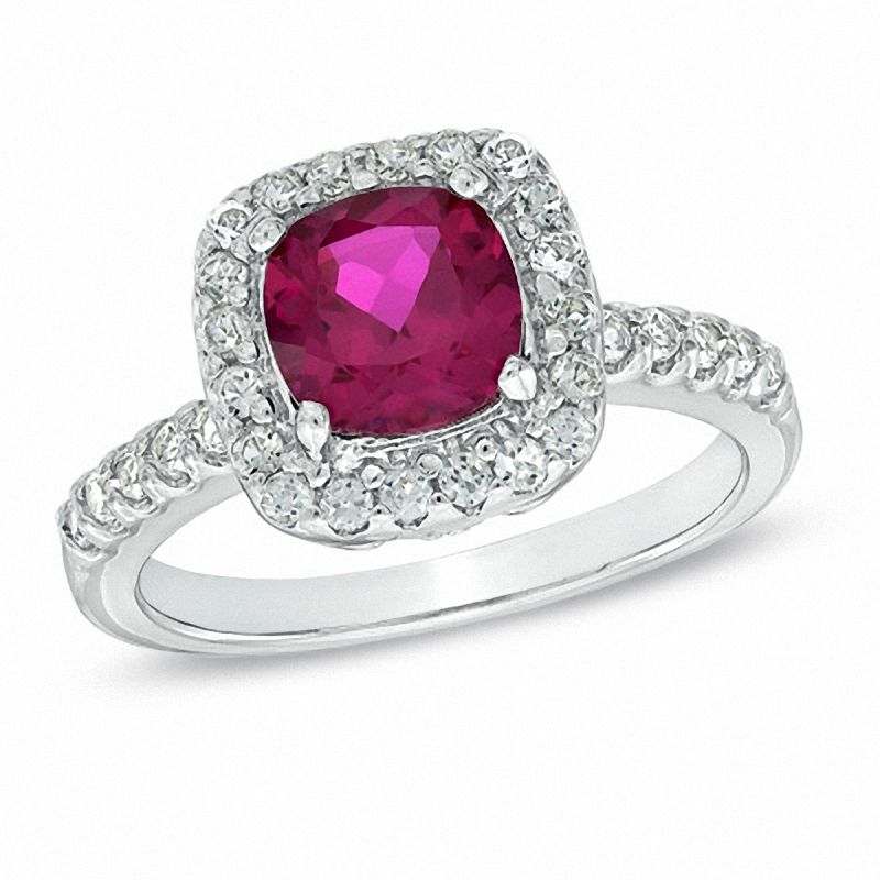 Main Image 1 of Previously Owned - 7.0mm Cushion-Cut Lab-Created Ruby and White Sapphire Frame Ring in Sterling Silver