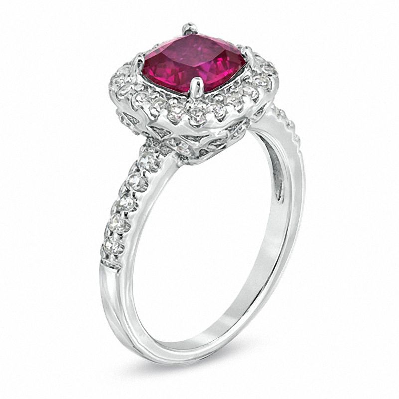 Main Image 2 of Previously Owned - 7.0mm Cushion-Cut Lab-Created Ruby and White Sapphire Frame Ring in Sterling Silver