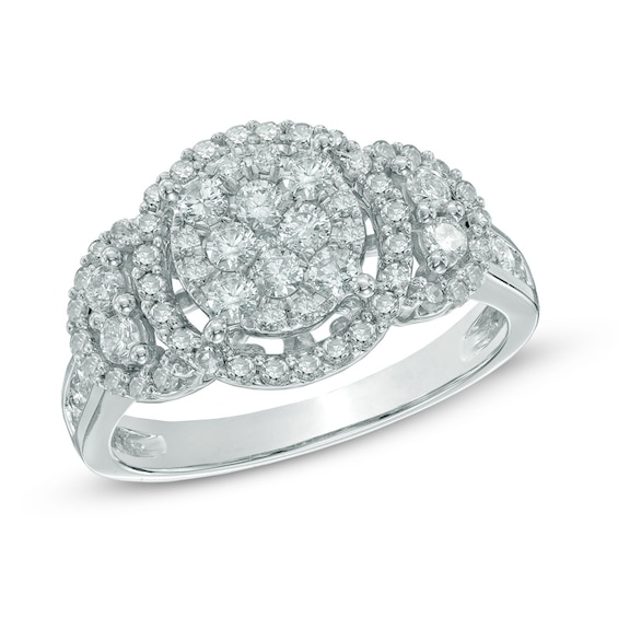 Previously Owned - 1 CT. T.w. Diamond Three Stone Cluster Frame Ring in 10K White Gold