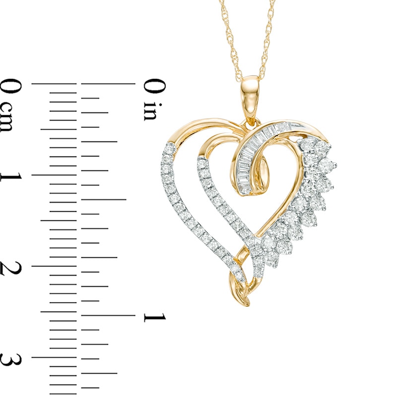 Main Image 2 of Previously Owned - 1/2 CT. T.W. Baguette and Round Diamond Double Heart Swirl Pendant in 10K Gold