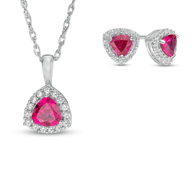 Previously Owned - Trillion-Cut Lab-Created Ruby and White Sapphire Frame Pendant and Earrings Set in Sterling Silver