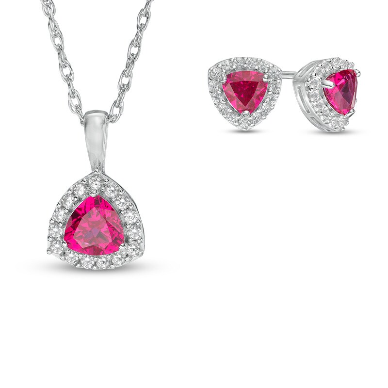 Main Image 1 of Previously Owned - Trillion-Cut Lab-Created Ruby and White Sapphire Frame Pendant and Earrings Set in Sterling Silver