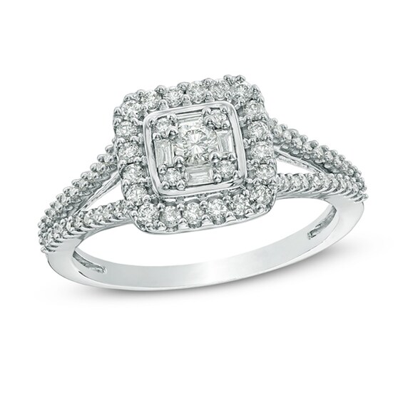 Previously Owned - 1/2 CT. T.w. Diamond Square Frame Split Shank Ring in 10K White Gold