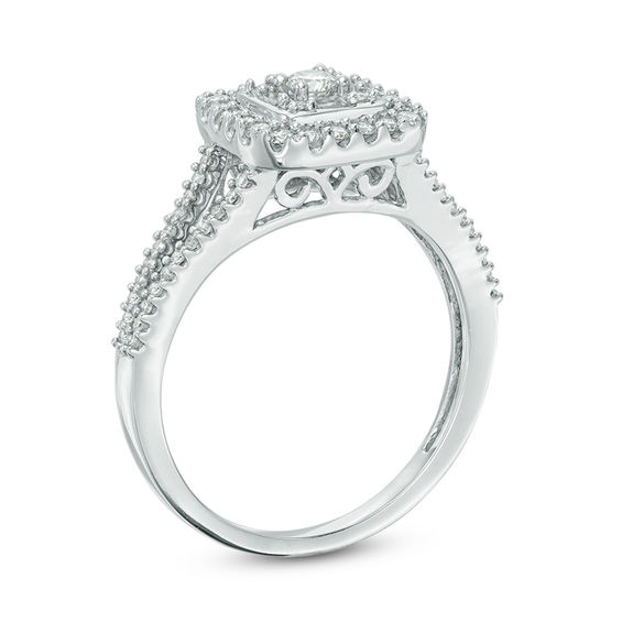 Previously Owned - 1/2 CT. T.w. Diamond Square Frame Split Shank Ring in 10K White Gold