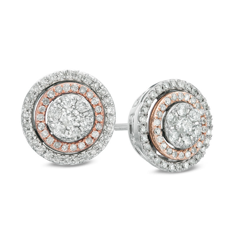 Main Image 1 of Previously Owned - 1/2 CT. T.W. Diamond Cluster Double Frame Stud Earrings in 10K Two-Tone Gold