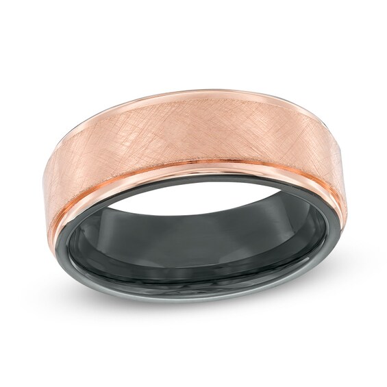 Previously Owned - 8.0mm Brushed and Polished Wedding Band in Rose and Black IP Stainless Steel