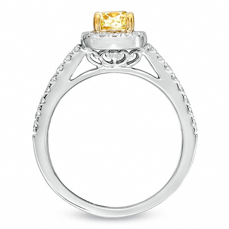 Main Image 3 of Previously Owned - 1-1/8 CT. T.W. Cushion-Cut Yellow Diamond Frame Bridal Set in 18K White Gold (P/SI2)