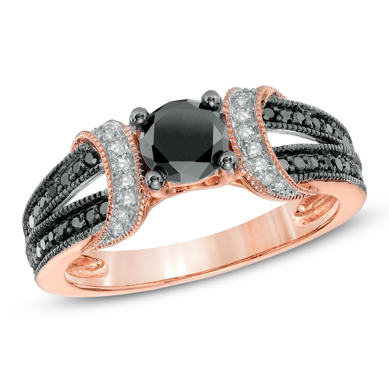 Main Image 1 of Previously Owned - 1 CT. T.W. Enhanced Black and White Diamond Collar Engagement Ring in 10K Rose Gold