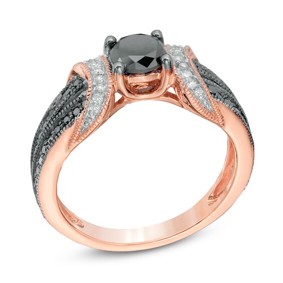 Previously Owned - 1 CT. T.w. Enhanced Black and White Diamond Collar Engagement Ring in 10K Rose Gold