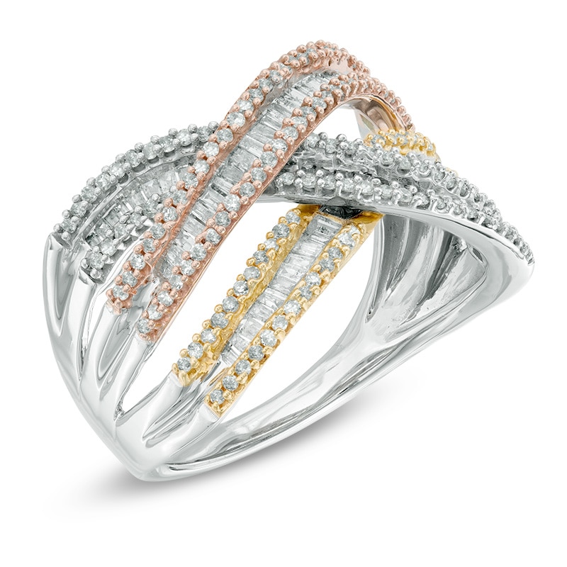 Main Image 2 of Previously Owned - 3/4 CT. T.W. Round and Baguette Diamond Crossover Ring in 10K Tri-Tone Gold