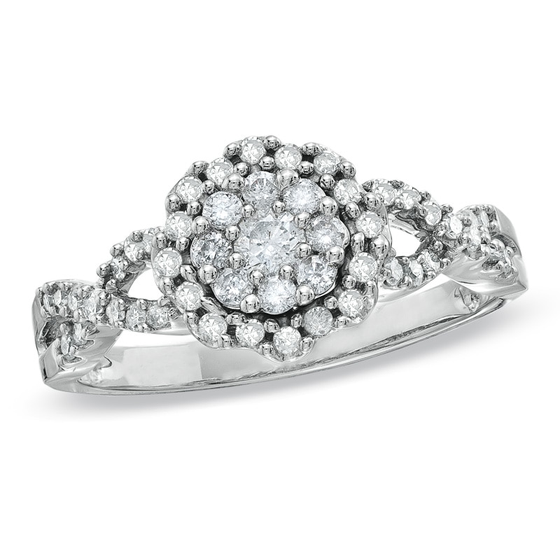 Main Image 1 of Previously Owned - 1/2 CT. T.W. Diamond Flower Twist Shank Ring in 10K White Gold