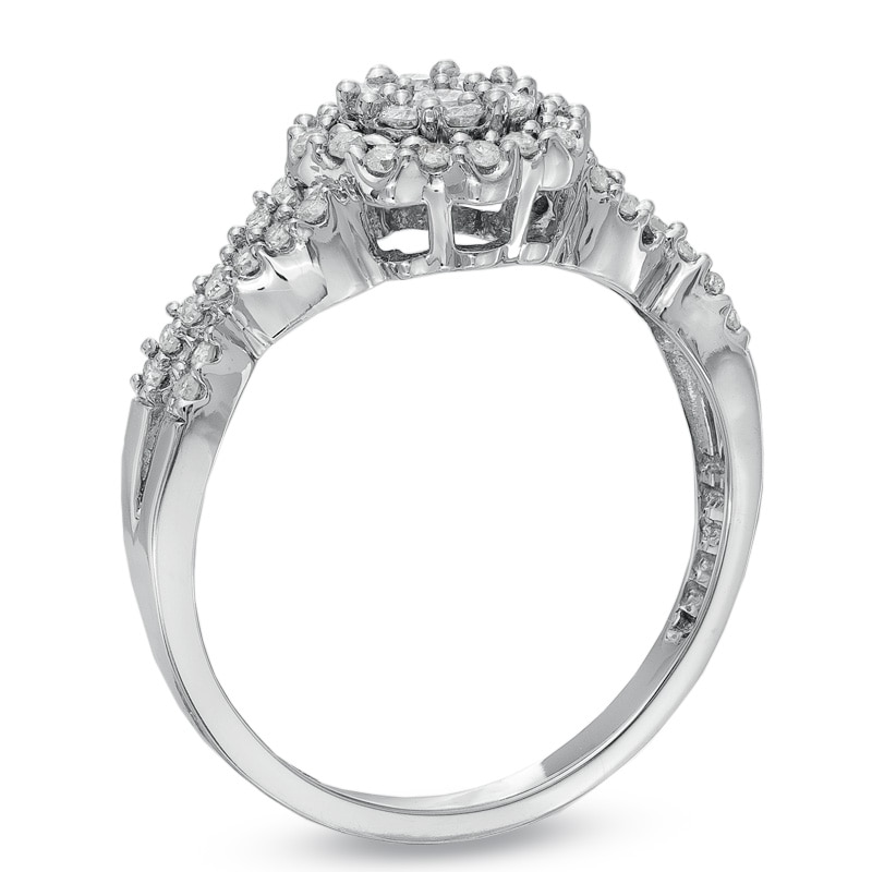 Main Image 2 of Previously Owned - 1/2 CT. T.W. Diamond Flower Twist Shank Ring in 10K White Gold