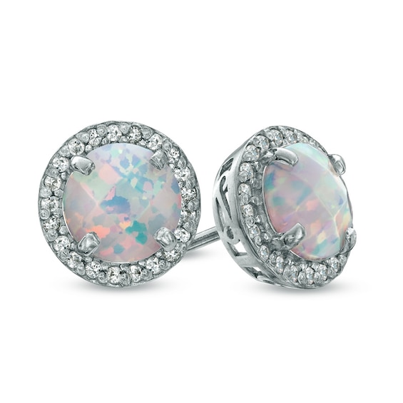 Previously Owned - 7.0mm Lab-Created Opal and White Sapphire Frame Stud Earrings in Sterling Silver