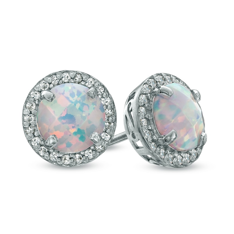 Previously Owned - 7.0mm Lab-Created Opal and White Sapphire Frame Stud Earrings in Sterling Silver