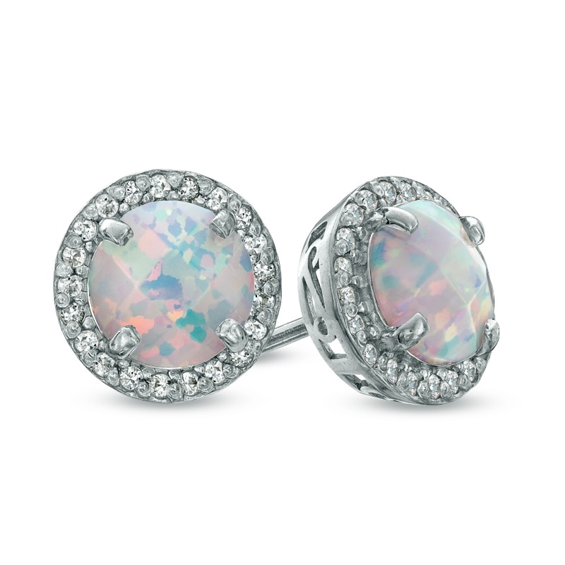 Main Image 1 of Previously Owned - 7.0mm Lab-Created Opal and White Sapphire Frame Stud Earrings in Sterling Silver