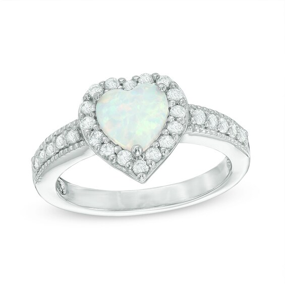 Previously Owned - 7.0mm Heart-Shaped Lab-Created Opal and White Sapphire Frame Ring in Sterling Silver