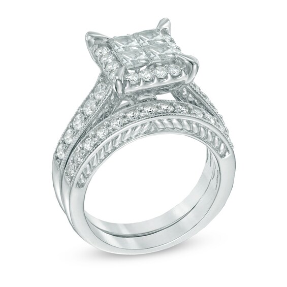 Previously Owned - 2 CT. T.w. Princess-Cut Quad Diamond Frame Bridal Set in 14K White Gold