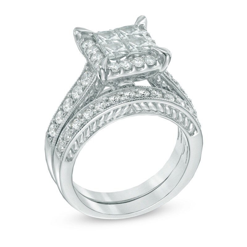 Main Image 2 of Previously Owned - 2 CT. T.W. Princess-Cut Quad Diamond Frame Bridal Set in 14K White Gold