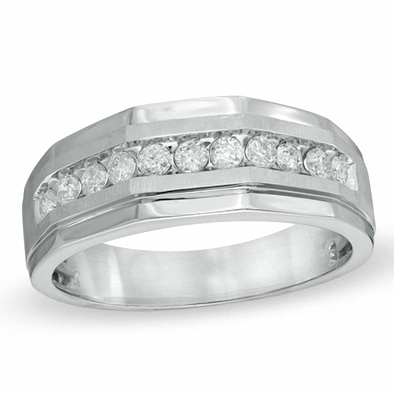 Main Image 1 of Previously Owned - Men's 1-1/5 CT. T.W. Diamond Satin Wedding Band in 10K White Gold