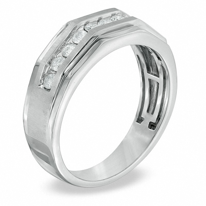 Main Image 2 of Previously Owned - Men's 1-1/5 CT. T.W. Diamond Satin Wedding Band in 10K White Gold