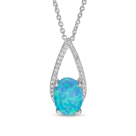 Previously Owned - Oval Lab-Created Blue Opal and White Sapphire Teardrop Pendant in Sterling Silver