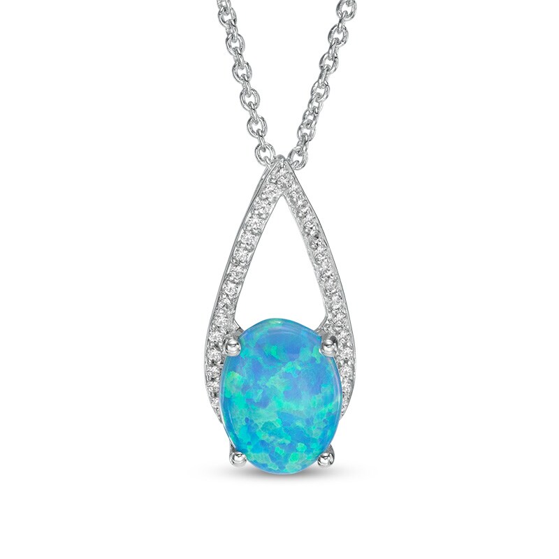 Main Image 1 of Previously Owned - Oval Lab-Created Blue Opal and White Sapphire Teardrop Pendant in Sterling Silver