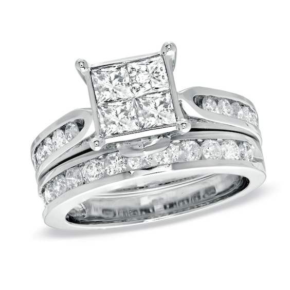 Previously Owned - 2 CT. T.w. Princess-Cut Quad Diamond Bridal Set in 14K White Gold