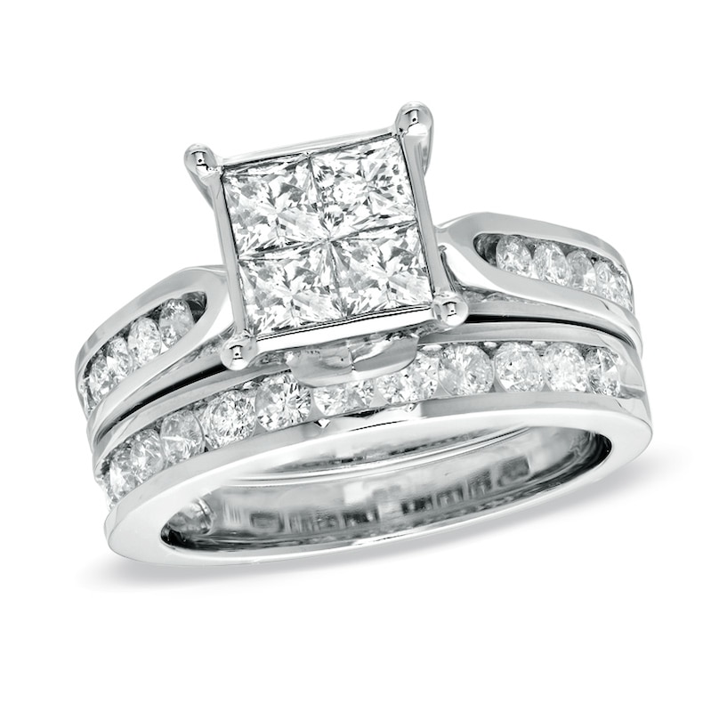 Main Image 1 of Previously Owned - 2 CT. T.W. Princess-Cut Quad Diamond Bridal Set in 14K White Gold