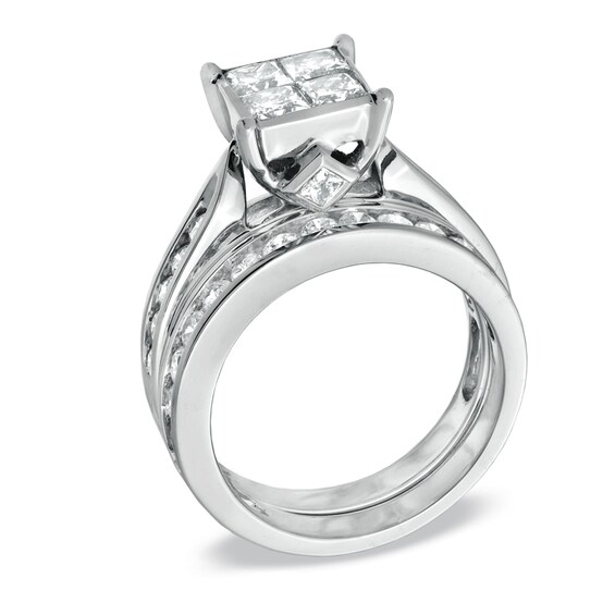 Previously Owned - 2 CT. T.w. Princess-Cut Quad Diamond Bridal Set in 14K White Gold